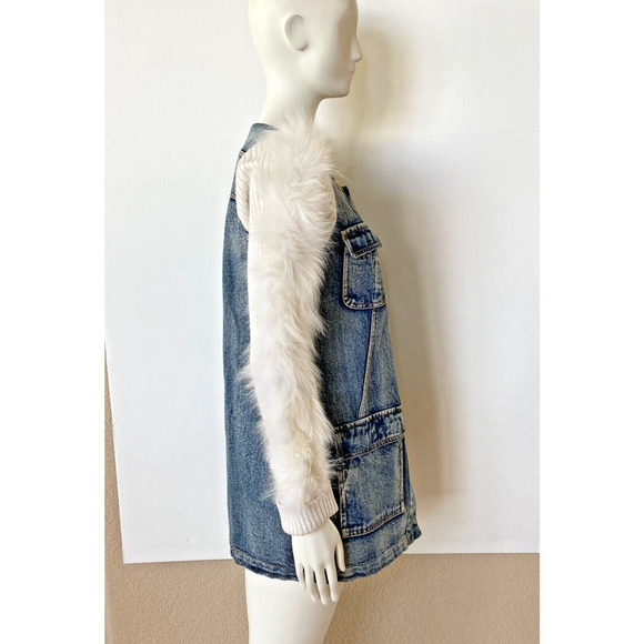 Womens Denim Top or Jacket w Rabbit Fur Knit Ribbed Sleeves Snap Down S Sz 4 - Picture 4 of 10